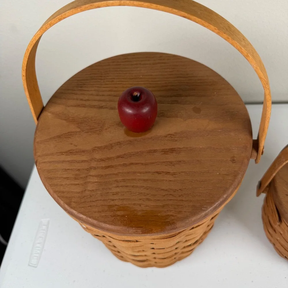 Vintage 1992 Longaberger Apple Fruit Basket Set of 2 Wooden Lids Plastic Liners